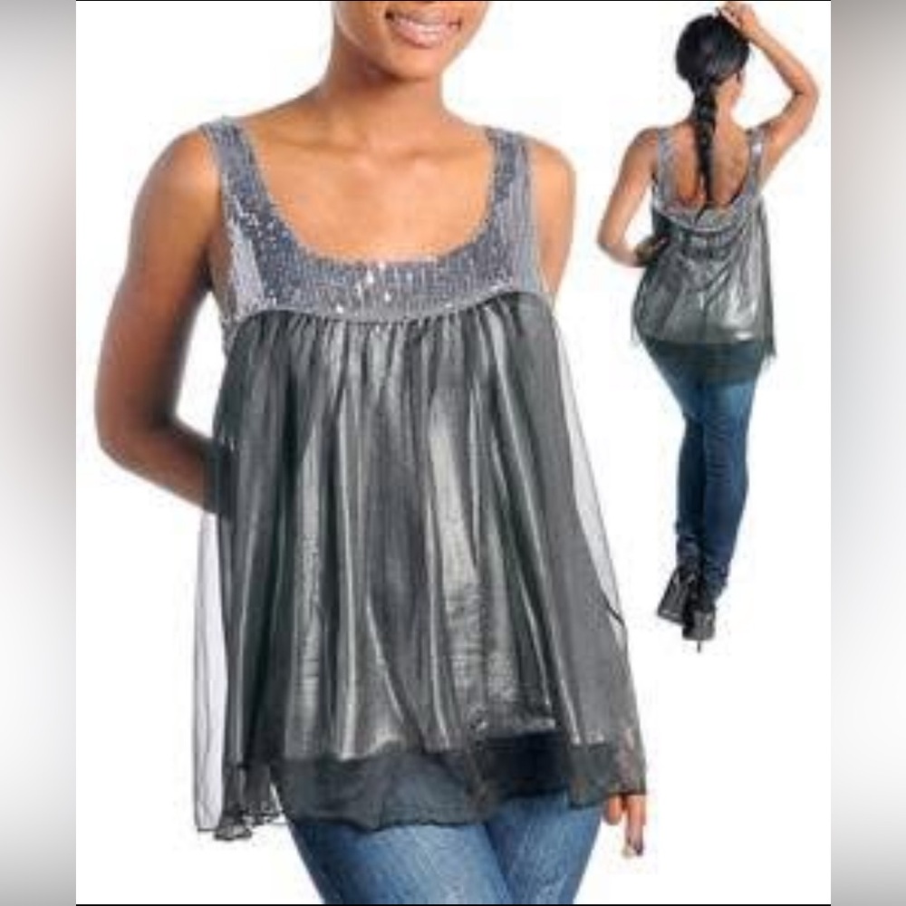 Double Zero Sequined Women's Tank Top Black/Silver Sheer Overlay Glam Loose
